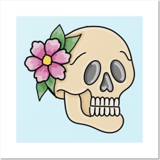 Feminine Floral Skull with Blue Background Posters and Art